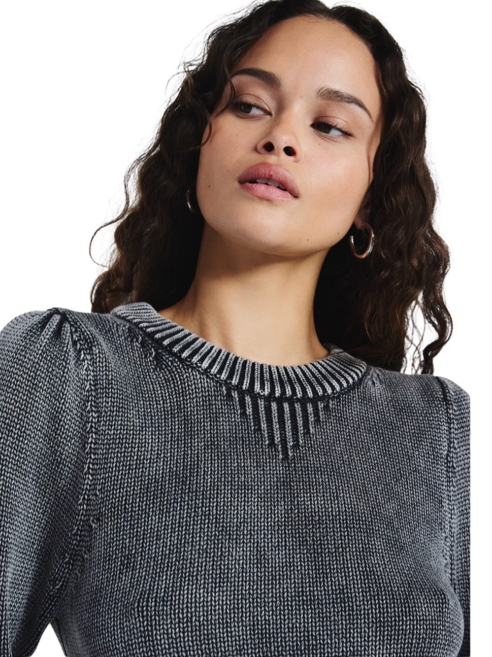 Scoop | Women’s Gray Knit Distressed Puff Shoulder Crewneck Sweater | XS